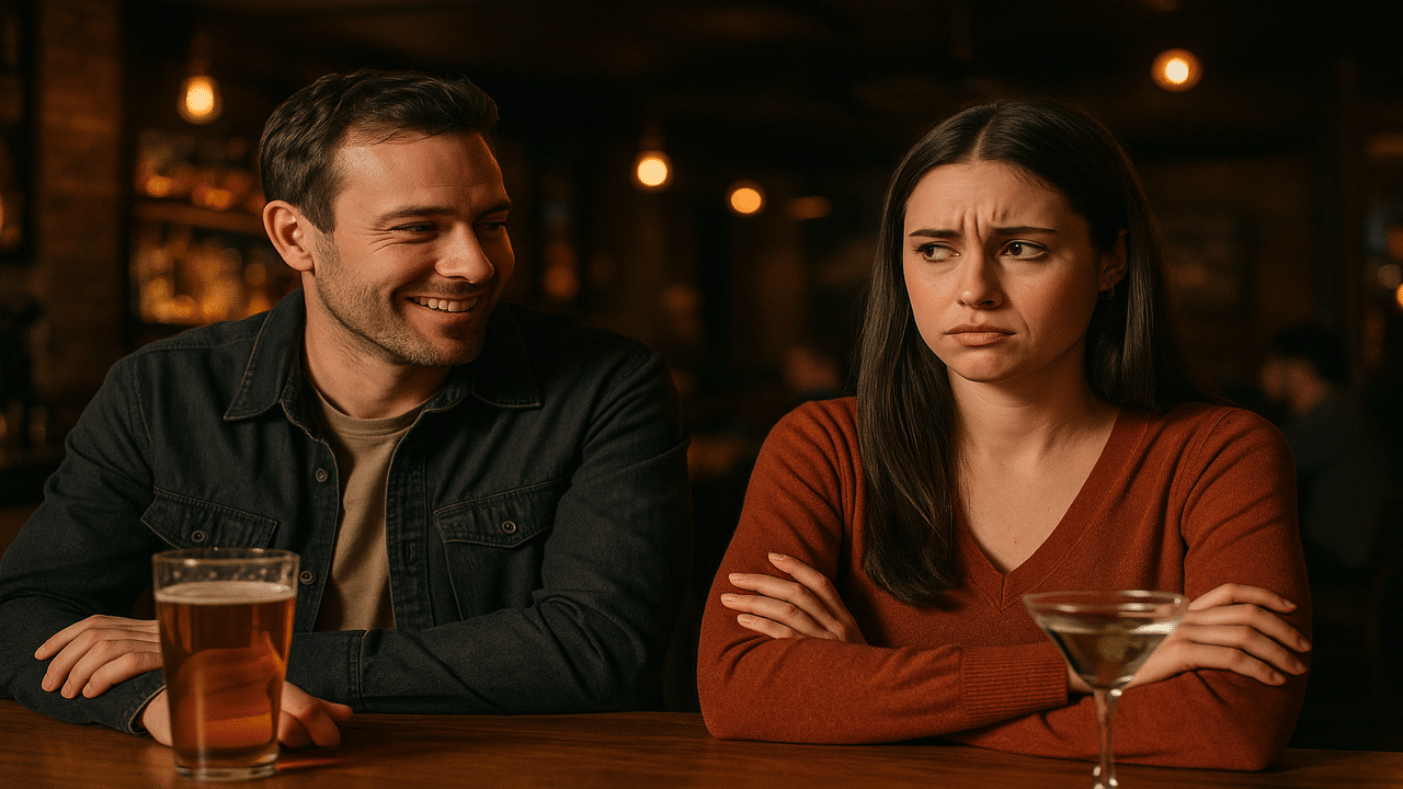 A man smiling at a woman while she looks uncomfortable.