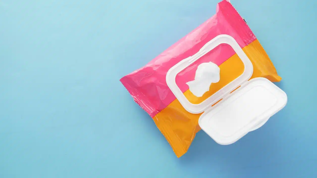 An open packet of wet wipes with a pink and orange wrapper on a blue background.