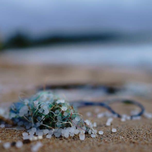 A close-up of plastic pellets and tangled fishing line on a sandy beach.