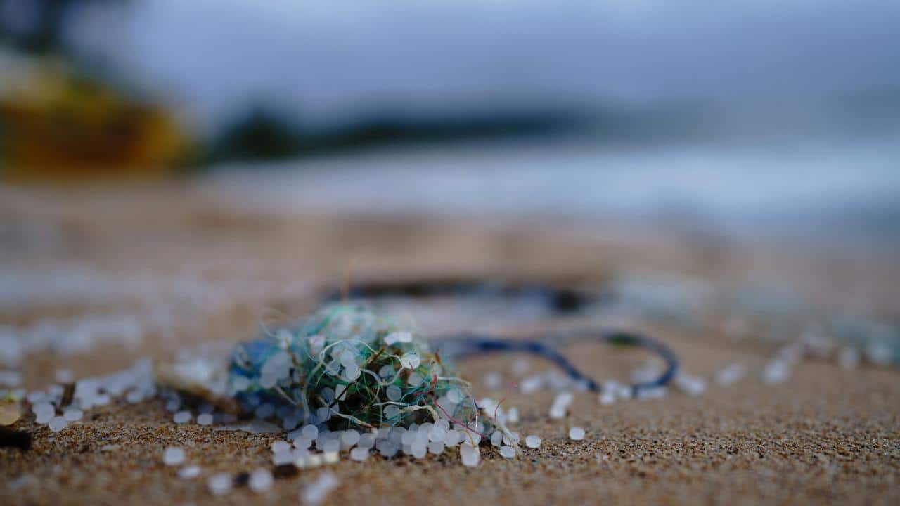 A close-up of plastic pellets and tangled fishing line on a sandy beach.