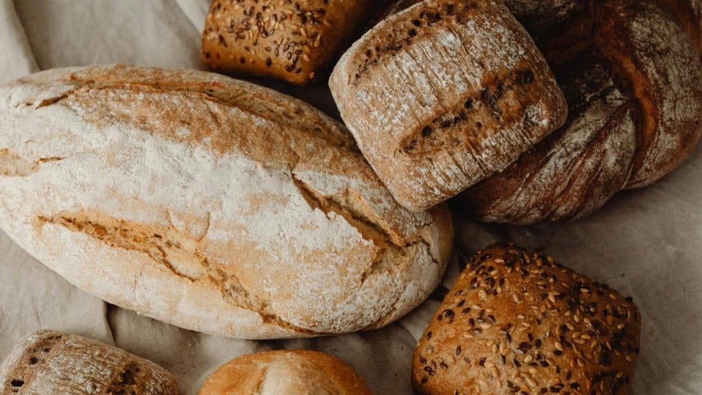 An assortment of freshly baked bread loaves and rolls.