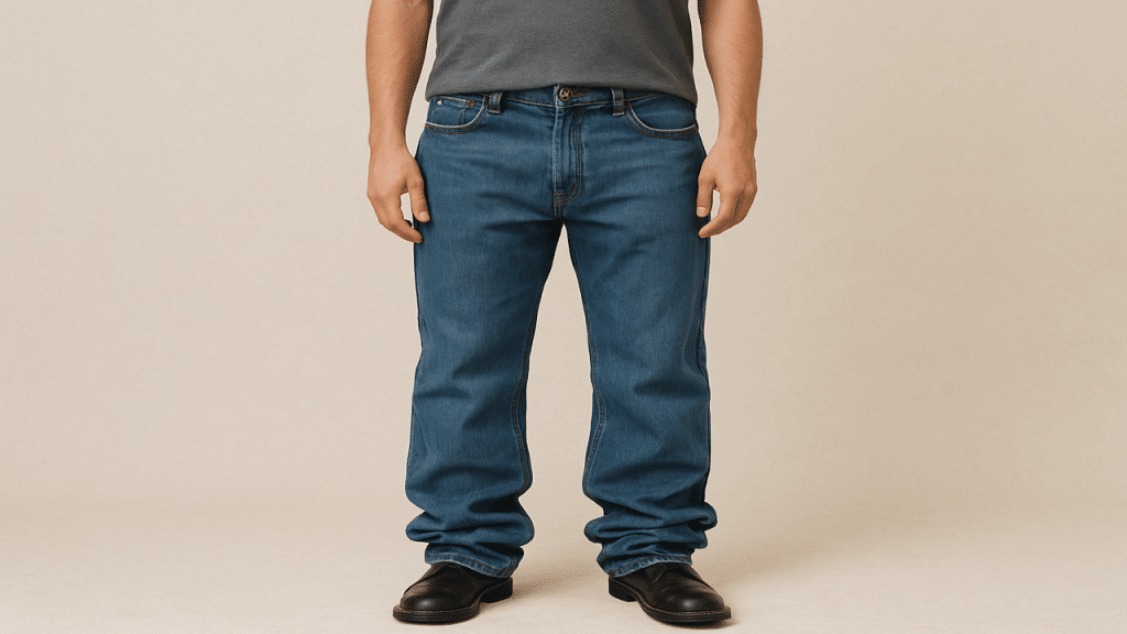 A man wearing jeans that pool around his ankles