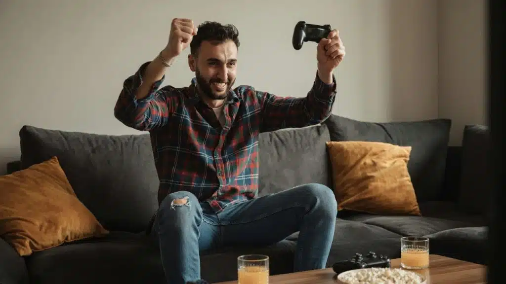 A happy man in a flannel shirt and jeans sits on a couch, holding a controller and cheering.