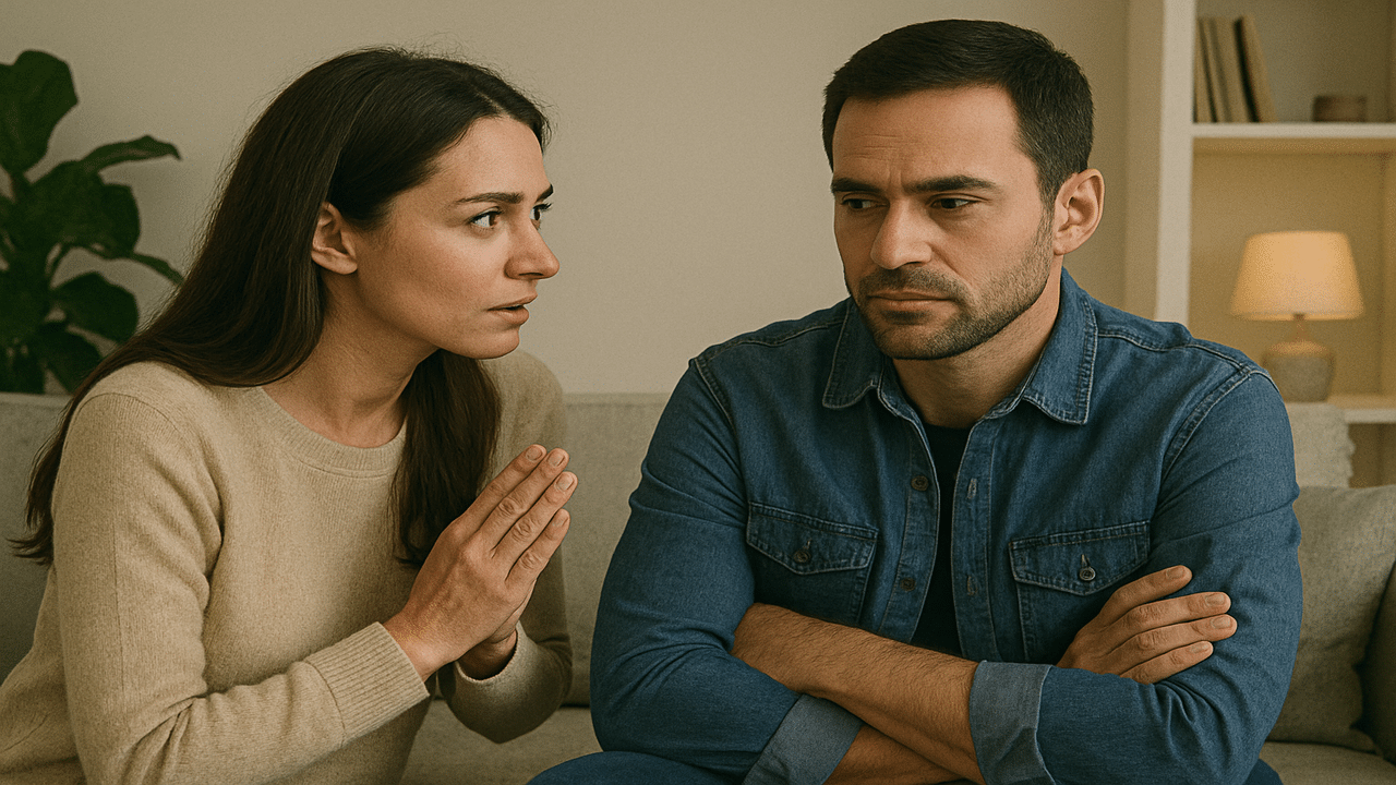 A woman apologizing to her man