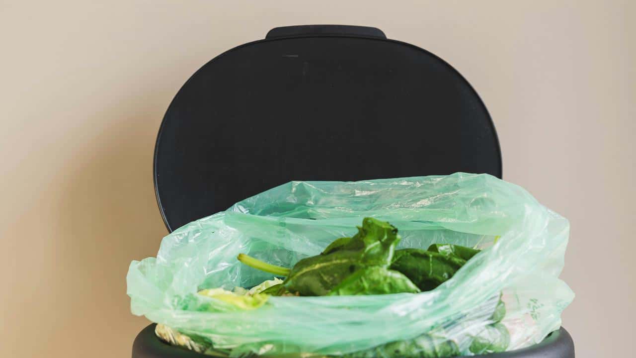 A trash bin with a green bag containing food waste.