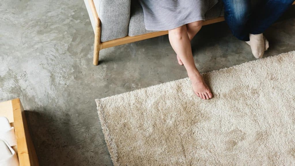 A couple sitting on a couch with feet visible on a rug.