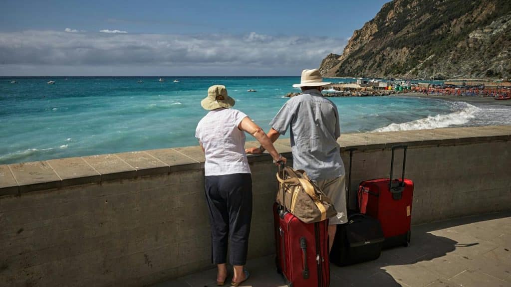 An elderly couple with luggage looking out at the ocean from a promenade.
