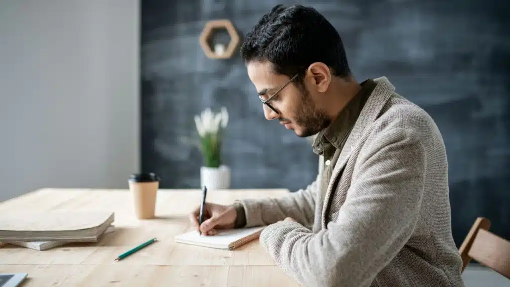 A focused man with glasses writes in a notebook at a desk.