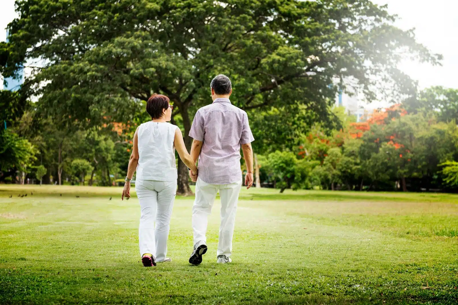 A man and woman holding hands at the park.