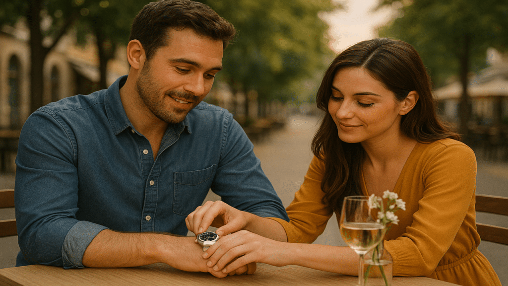 A woman touching a man’s watch