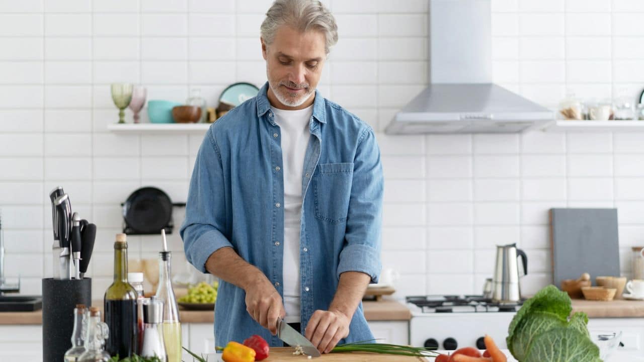 A smiling, gray-haired man in a denim shirt is chopping vegetables in a kitchen.