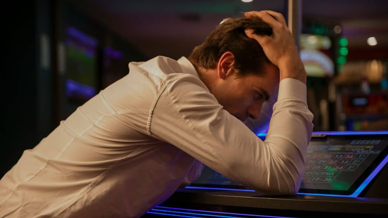 A frustrated man holding his head while looking at a gaming machine.