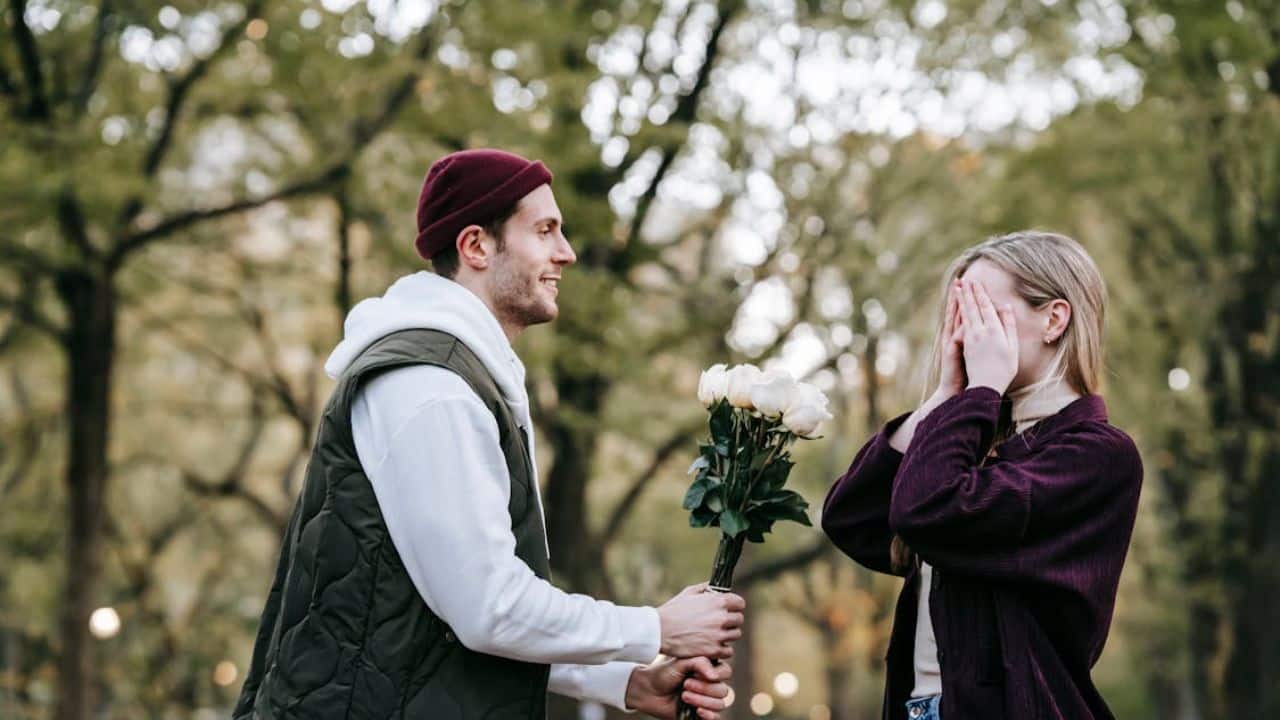 Happy couple having romantic moment.