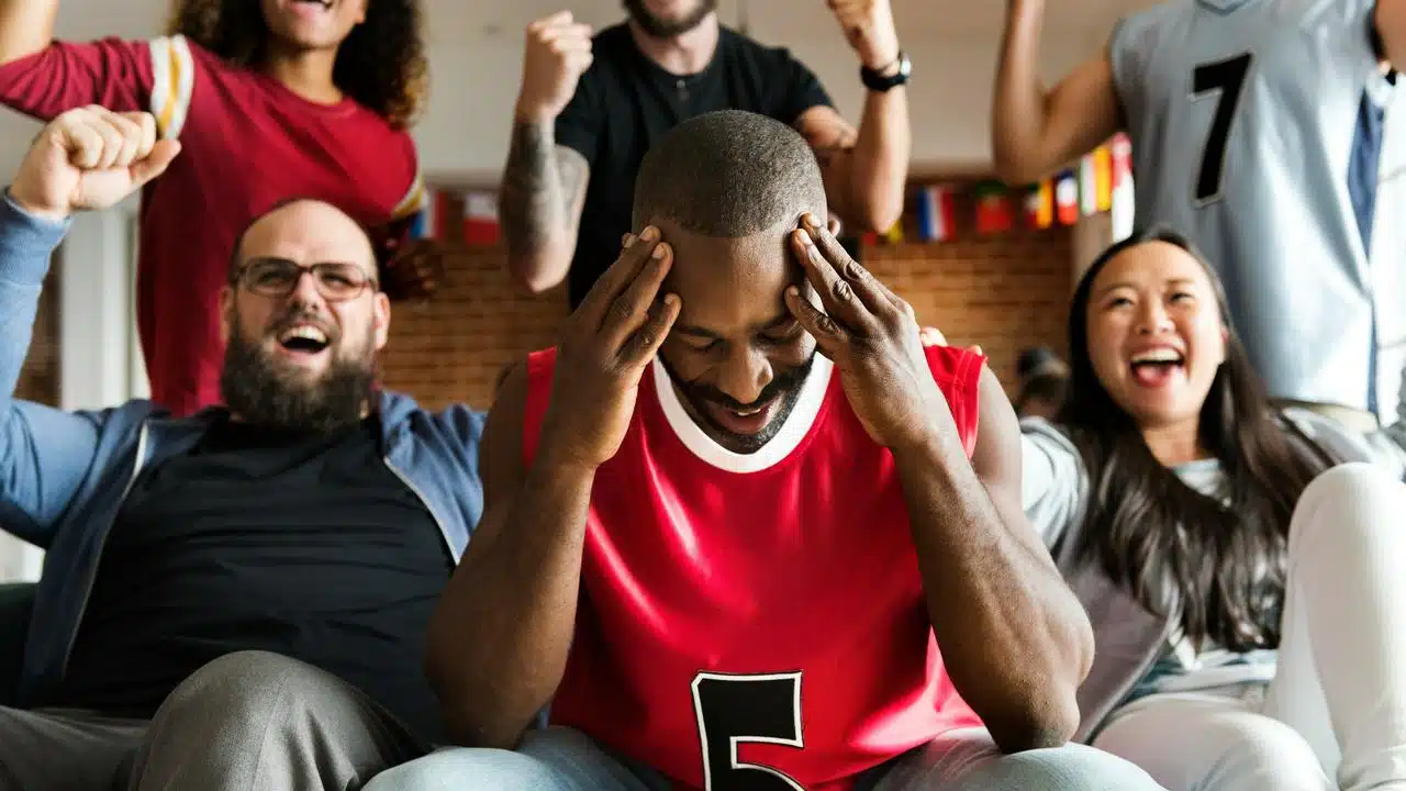A group of friends celebrating while watching sports.