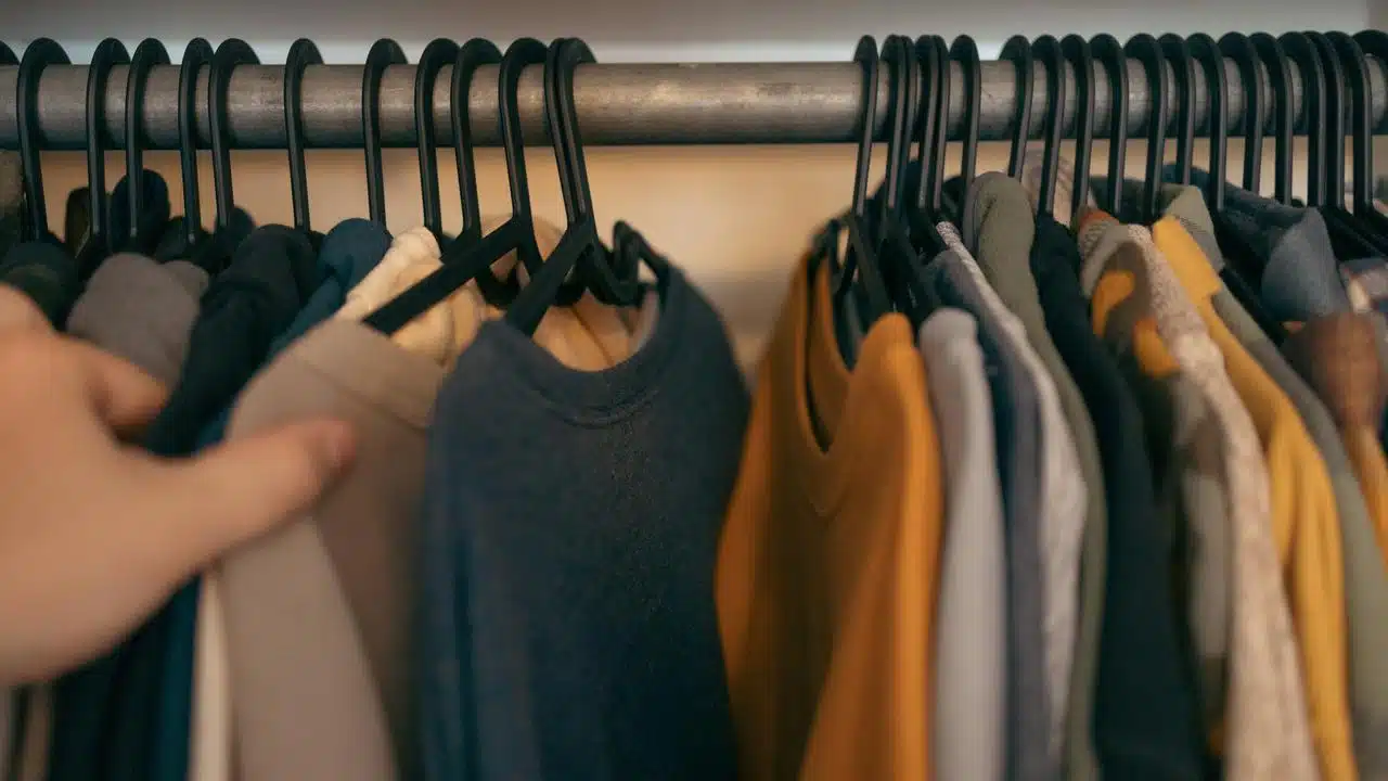 A row of clothes hanging on black hangers in a closet.