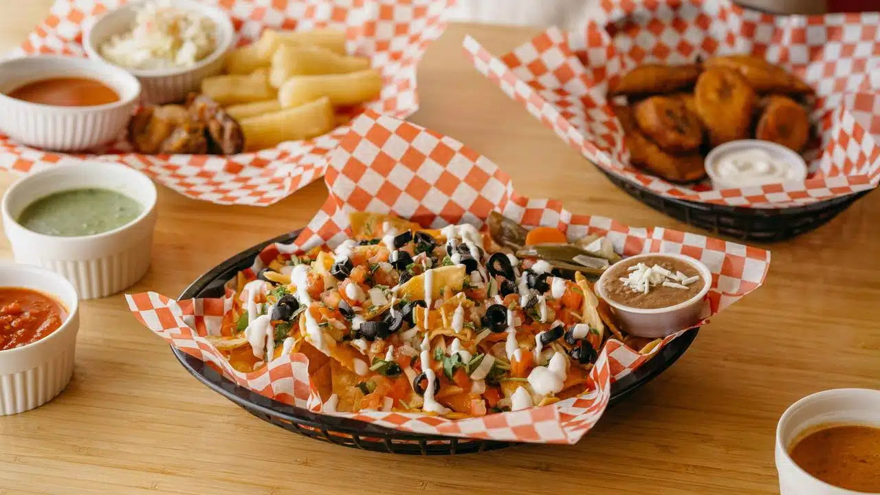 A basket of nachos with toppings and dips.