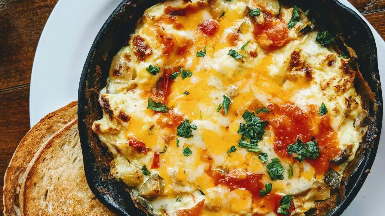 A skillet of cheesy baked macaroni.