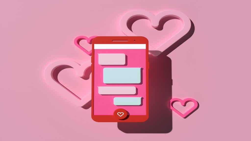 A pink 3D image depicting texting on a dating app