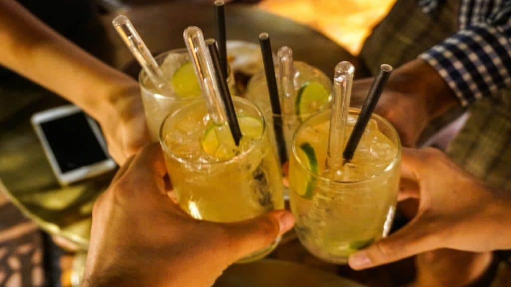 A group of friends toasting their drinks.