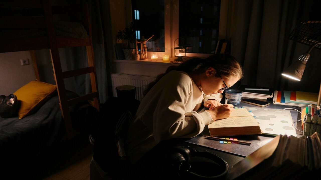 A woman studying alone at home.