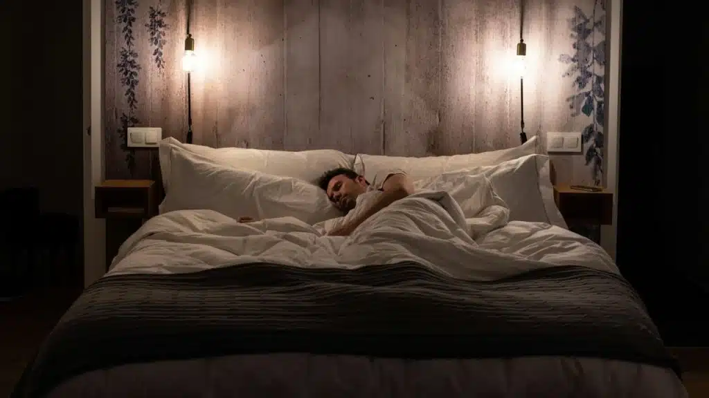 A man is asleep in a bed with white bedding and two lamps on the wall.