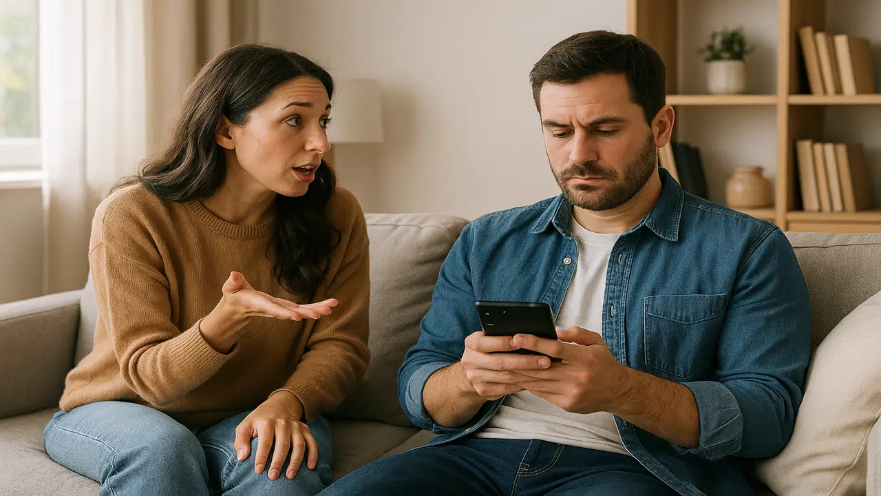 A man not listening to his wife while she talks.