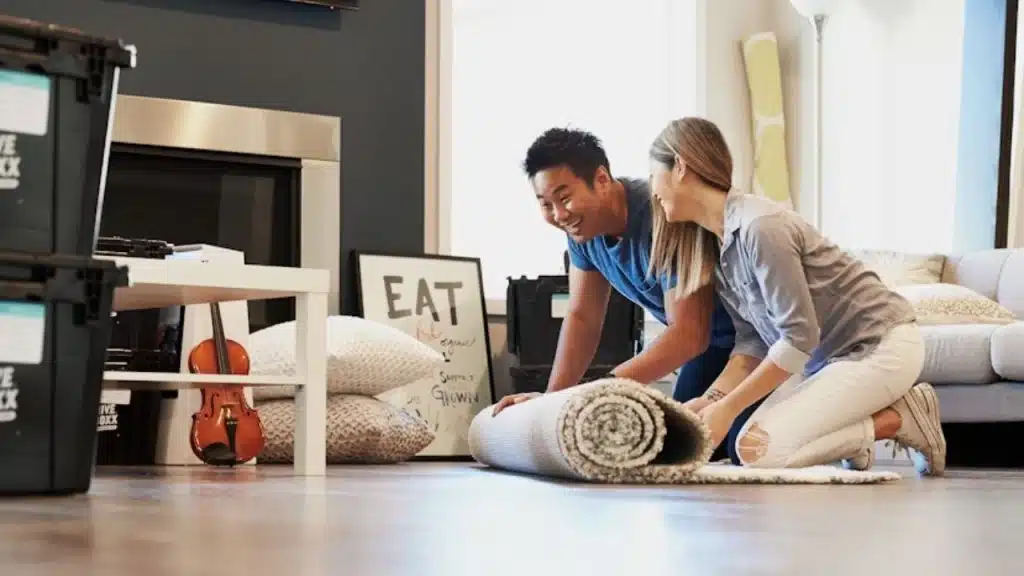 Couple smiling while cleaning together 