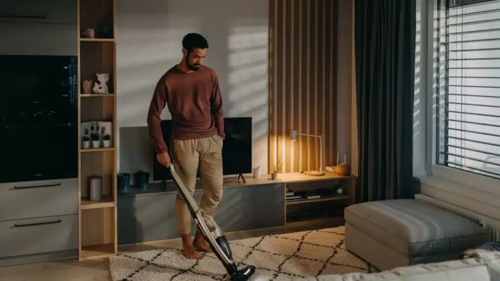Man stepping in to do housework on his own.
