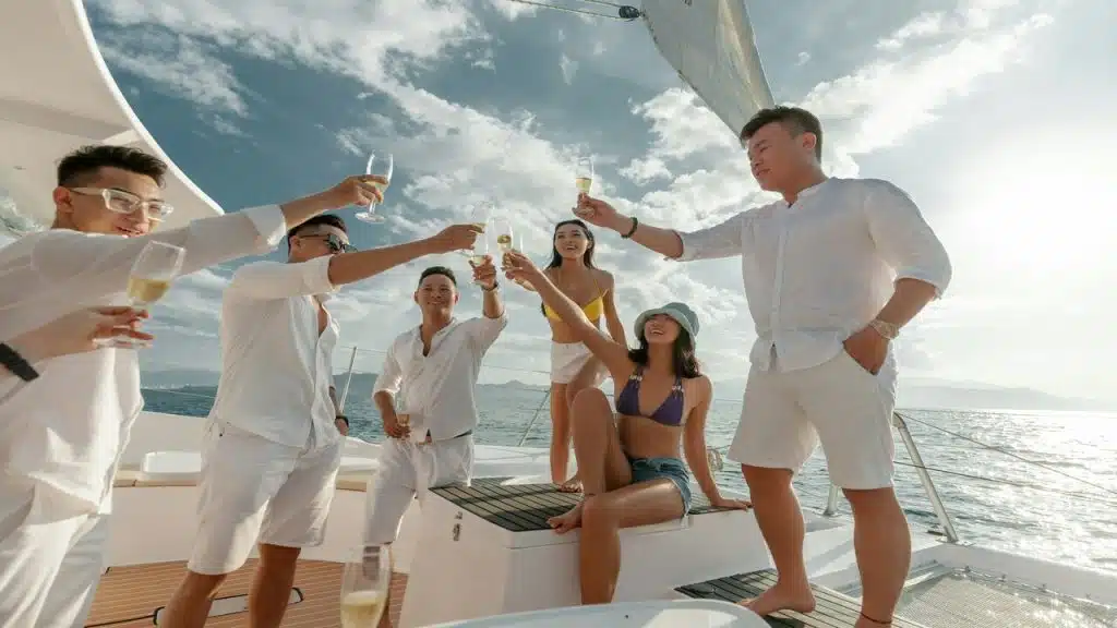 A group of people at a yacht party.