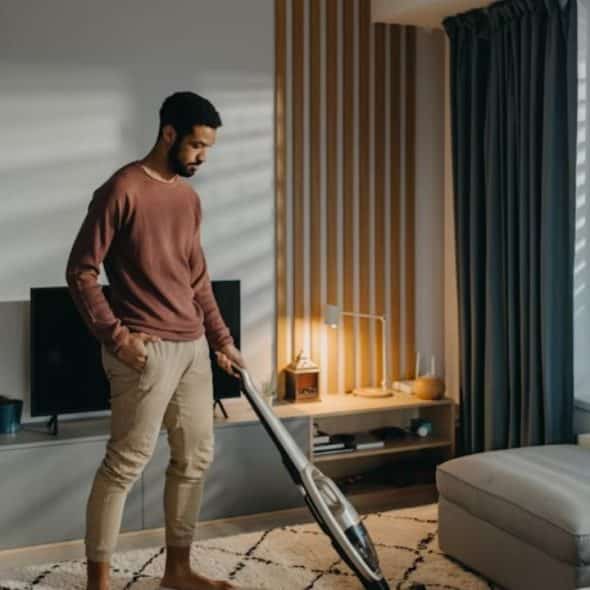 Man smiling while vacuuming in a modern home