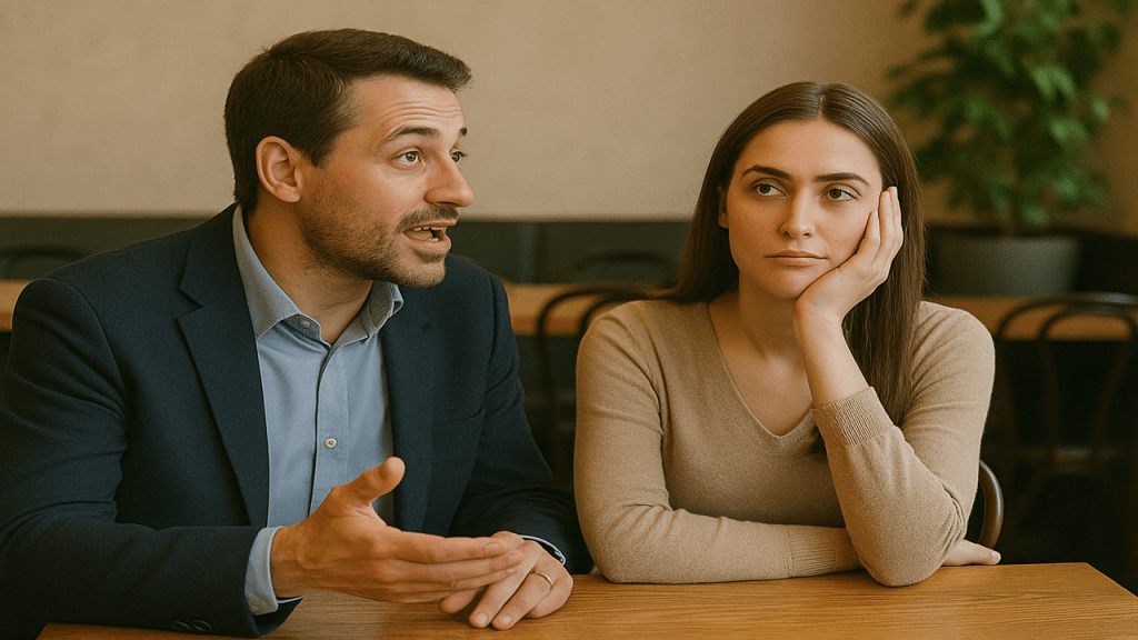 A man doing all the talking while his partner looks bored