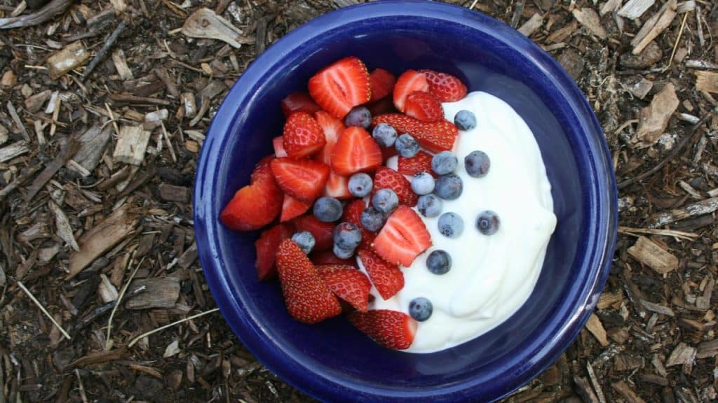 A bowl of yogurt topped with strawberries and blueberries.
