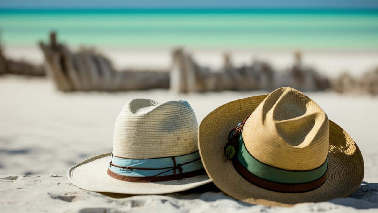 A pair of hats on a sandy beach.
