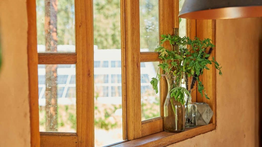 A wooden window with plants in glass vases.