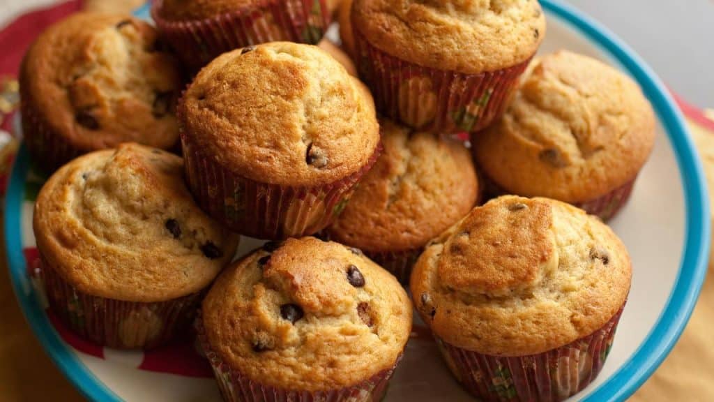 A plate of chocolate chip muffins.