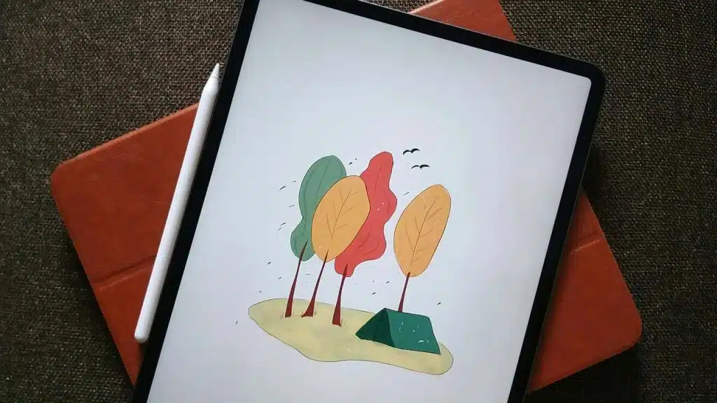 An illustration of trees and a tent on a tablet screen.
