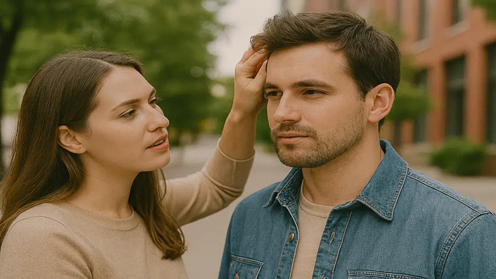 A woman fixing her boyfriend’s hair
