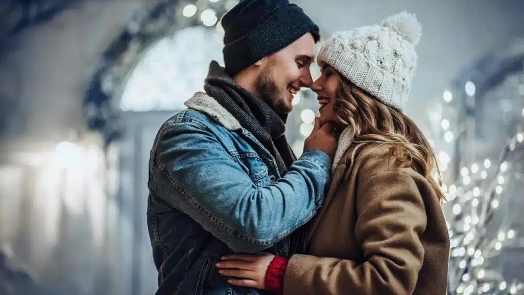 A couple in winter clothes smiling with foreheads touching.