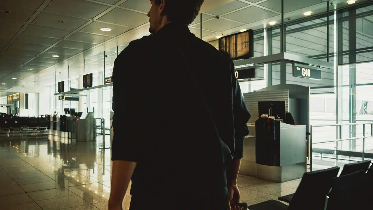 A man standing in an airport terminal near a boarding gate.