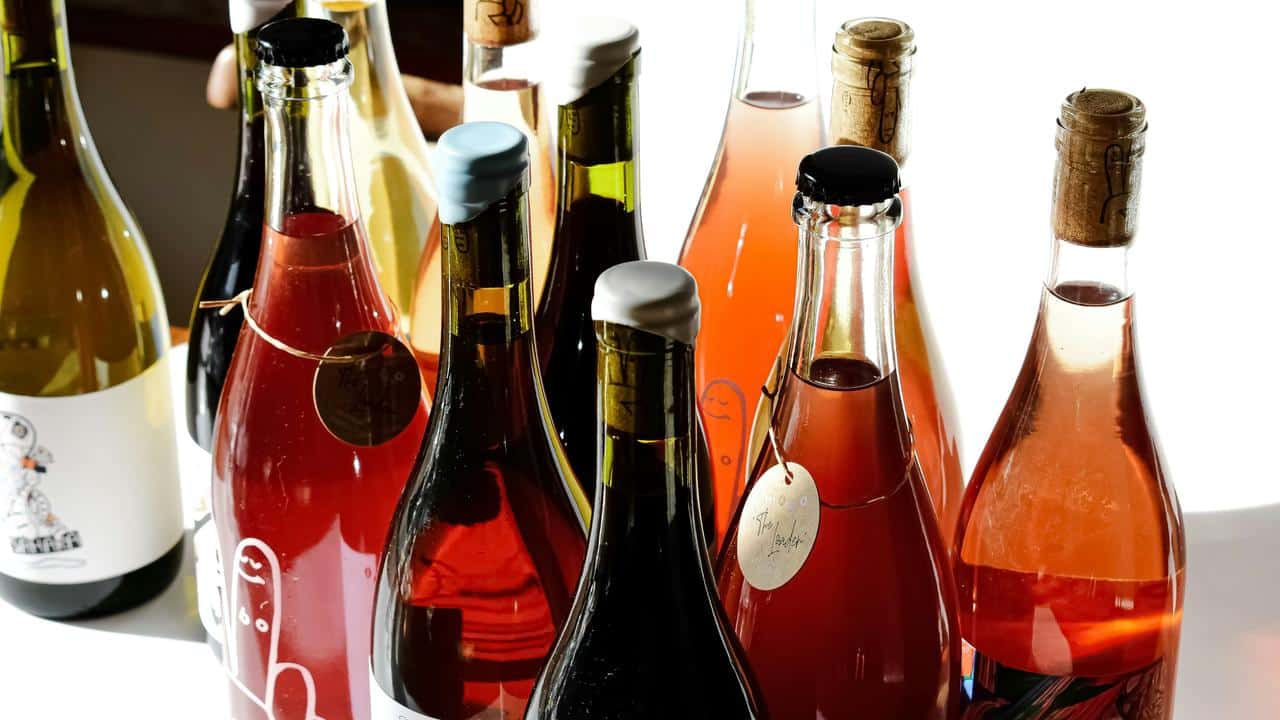 A variety of wine bottles with different colors and labels on a white background.