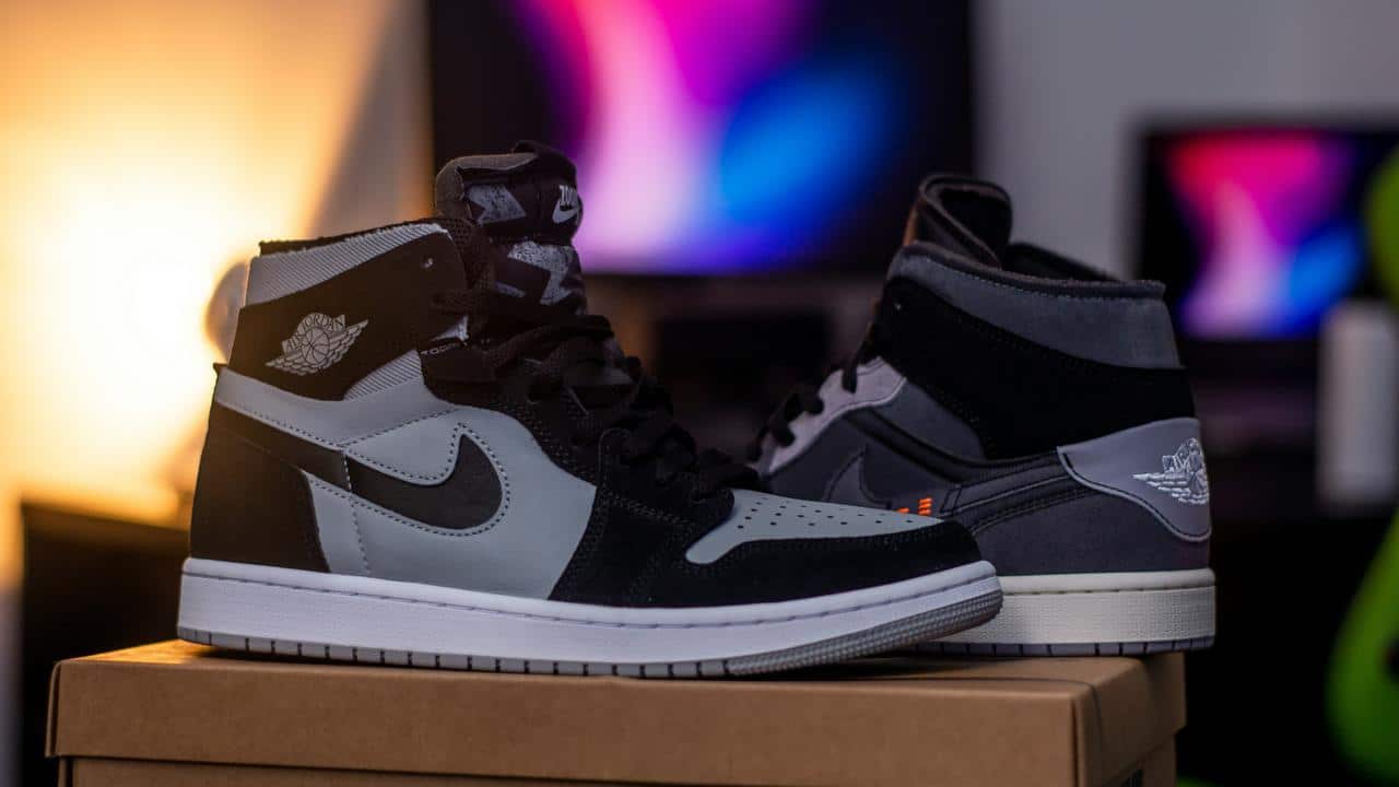 A pair of black and gray Air Jordan sneakers.