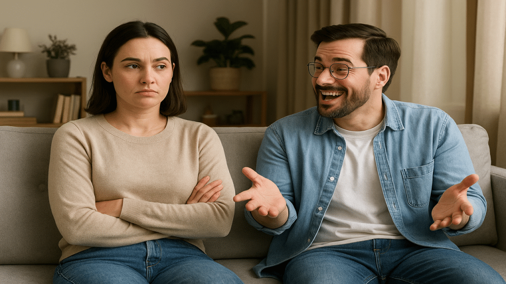 A woman not laughing at her partner’s joke