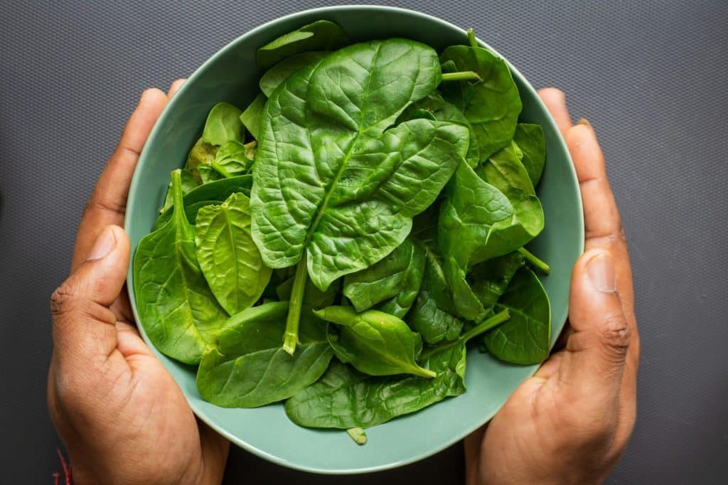 A person holding a bowl of spinach