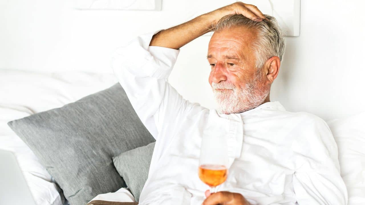 An elderly man with a beard sits on a bed, holding a glass of wine and looking concerned.