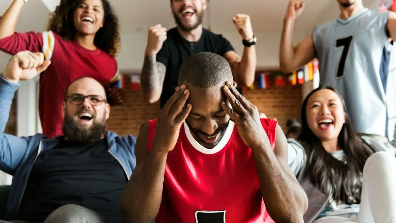 A sad man in a red jersey with his head in his hands, surrounded by his cheering and celebrating friends.