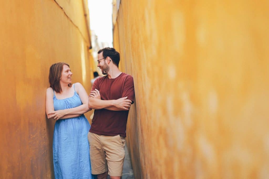 A man and woman laughing together
