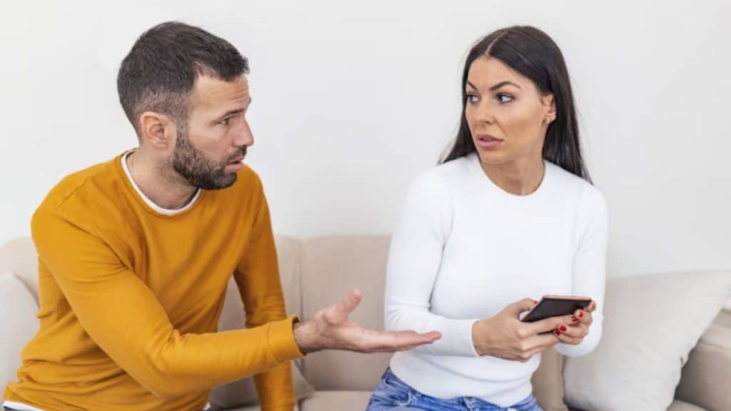 Couple calmly discussing after small disagreement