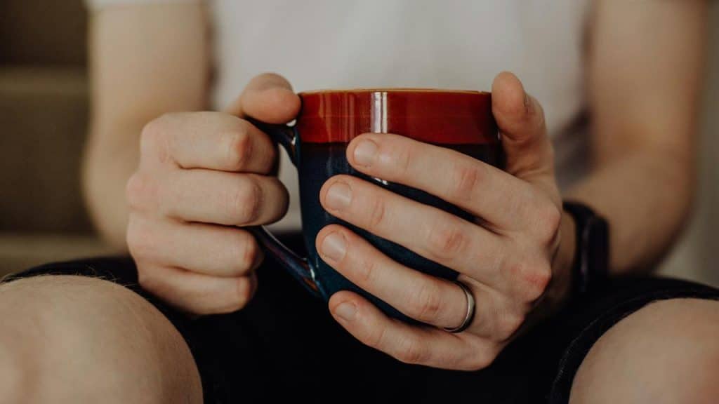 A person’s hands holding a coffee mug.