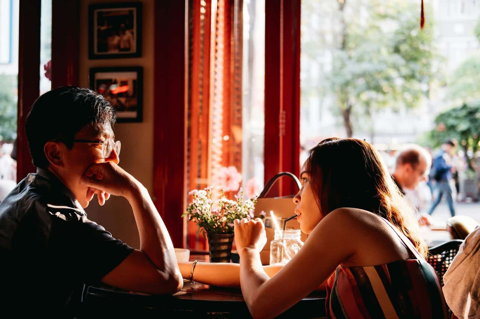 A man and woman talking.