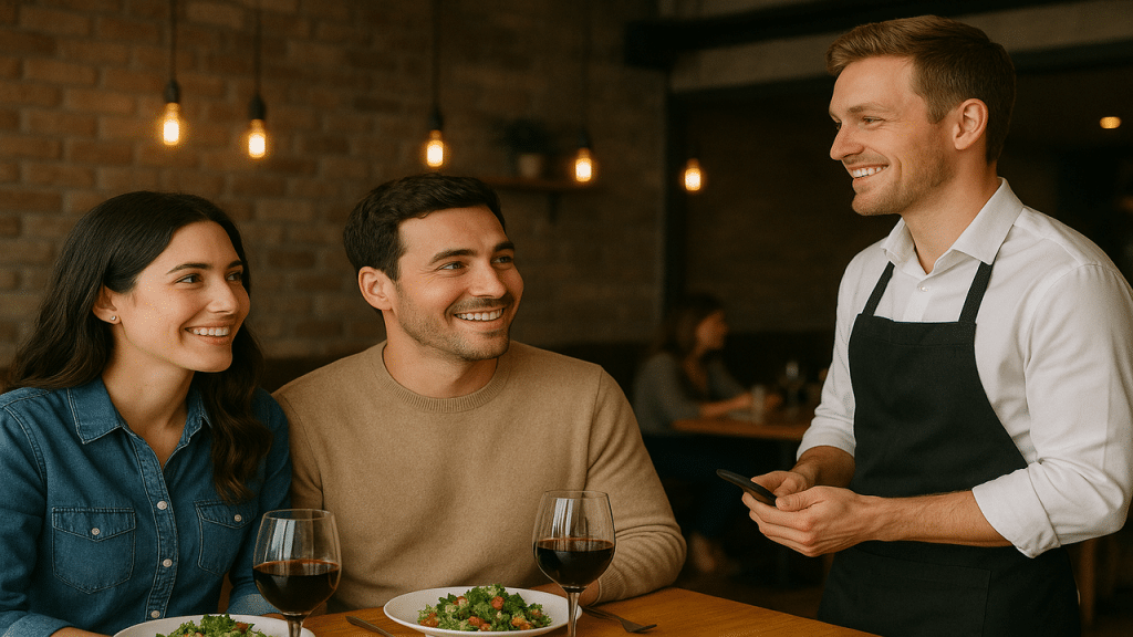 A couple joking with the server during their date.
